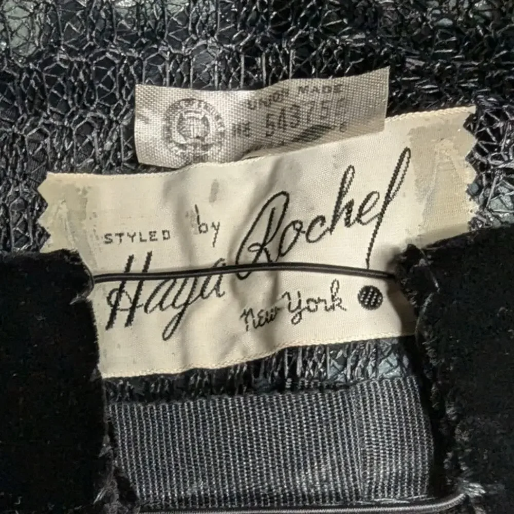 Vtg 1950s Haya Rochel Black Feather Covered Mesh Netting Pillbox Cloche Hat - Picture 6 of 6